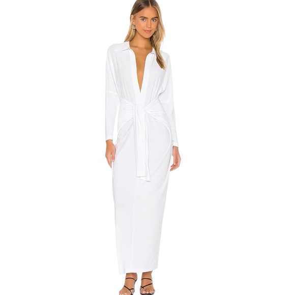 Norma Kamali White Tie Front NK Long Sleeve Knit Maxi Shirt Dress - S - Picture 1 of 16